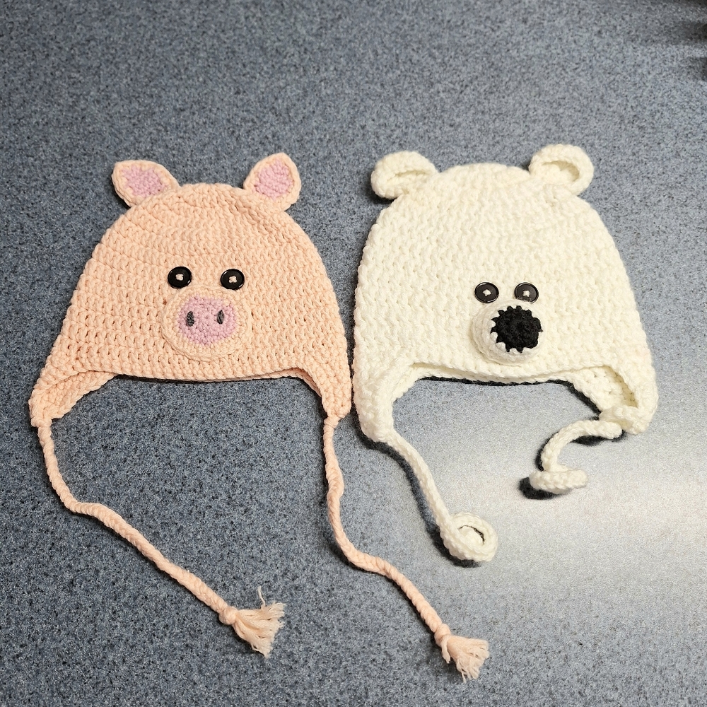 406 Yarn Creations Crocheted Ear Flap Hats, 1 Pig & 1 Polar Bear, 6-12 M, NWOT